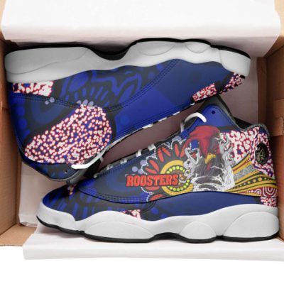 Sydney Roosters High Top Basketball Shoes J 13 - Angry Rooster with Aboriginal Inspired Indigenous Dot Painting Style Sneakers