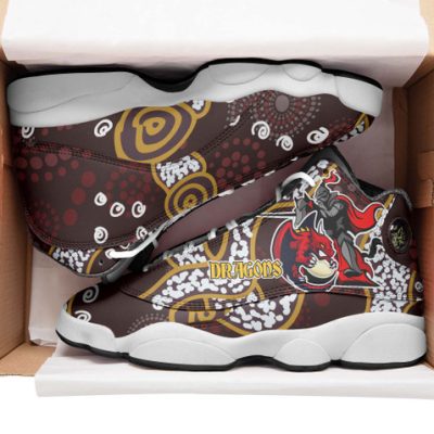 St. George Illawarra Dragons High Top Basketball Shoes J 13 - Dragon with Ball and Knight Contemporary Style of Aboriginal Inspired Sneakers