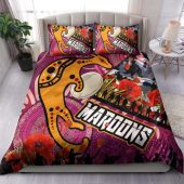Maroons Rugby Anzac Aboriginal Inspired Bedding Set - Maroons Aboriginal Inspired Pattern with Anzac Day Poppy Flower Bedding Set