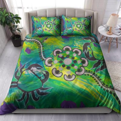 Custom Australia Bedding Set Aboriginal Dot Painting Green