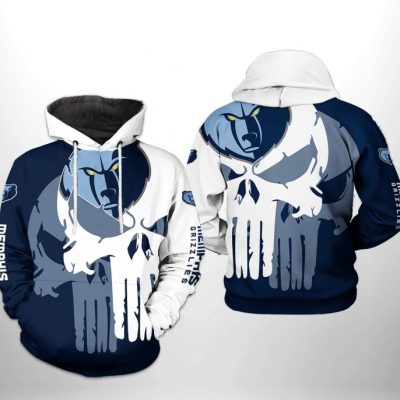 NBA Memphis Grizzlies Blue White Punisher Skull Pullover Hoodie V3