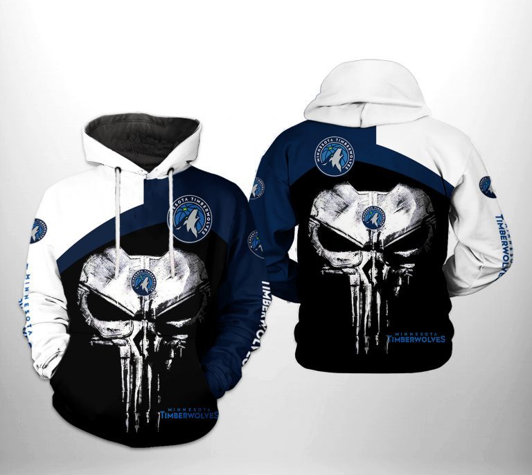 NBA Minnesota Timberwolves Black White Punisher Skull Pullover Hoodie NBA Minnesota Timberwolves Black White Punisher Skull Pullover Hoodie