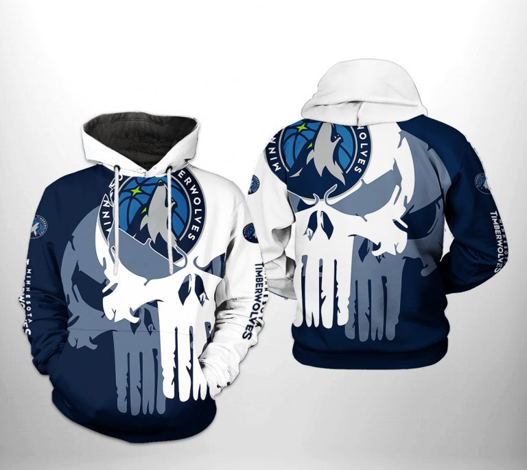 NBA Minnesota Timberwolves White Blue Punisher Skull Pullover Hoodie NBA Minnesota Timberwolves White Blue Punisher Skull Pullover Hoodie