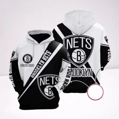 NBA Brooklyn Nets Custom Name Black White Pullover Hoodie V5