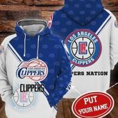 NBA Los Angeles Clippers Custom Name White Blue Half Pullover Hoodie