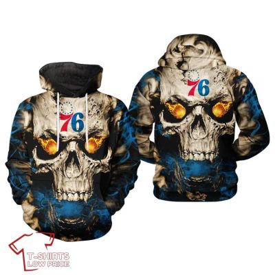 NBA Philadelphia 76ers Black Blue Skull Pullover Hoodie V7
