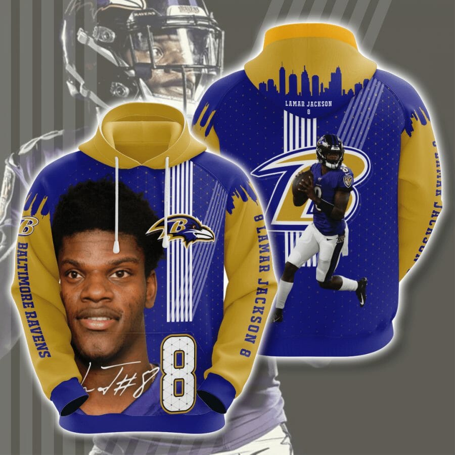 NFL Baltimore Ravens Lamar Jackson Purple Gold Pullover Hoodie NFL Baltimore Ravens Lamar Jackson Purple Gold Pullover Hoodie
