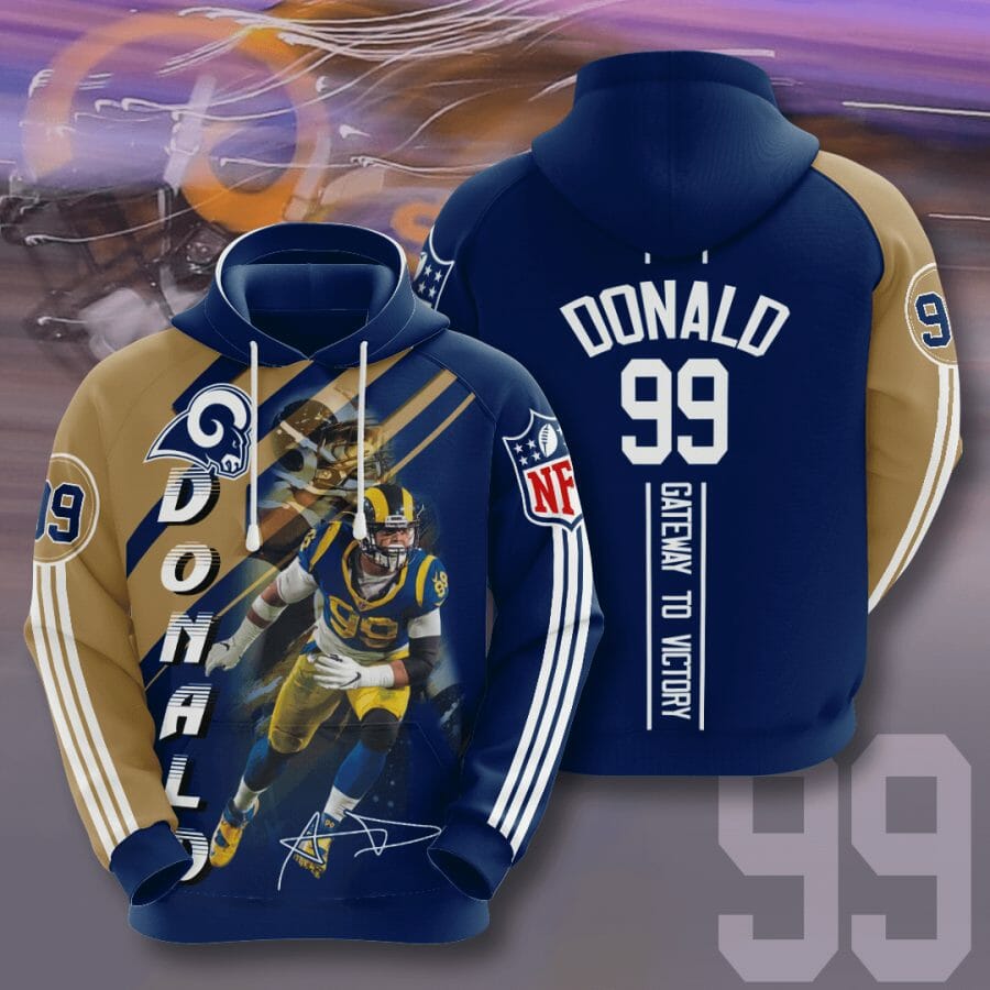 NFL Los Angeles Rams Aaron Donald Blue Gold Pullover Hoodie NFL Los Angeles Rams Aaron Donald Blue Gold Pullover Hoodie