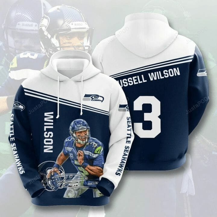 NFL Seattle Seahawks Russell Wilson Navy White Pullover Hoodie NFL Seattle Seahawks Russell Wilson Navy White Pullover Hoodie