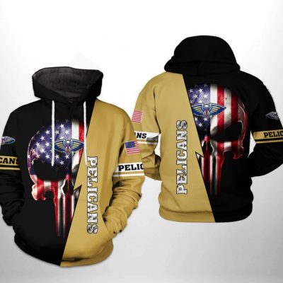 NBA New Orleans Pelicans Gold Black US Flag Punisher Skull Pullover Hoodie