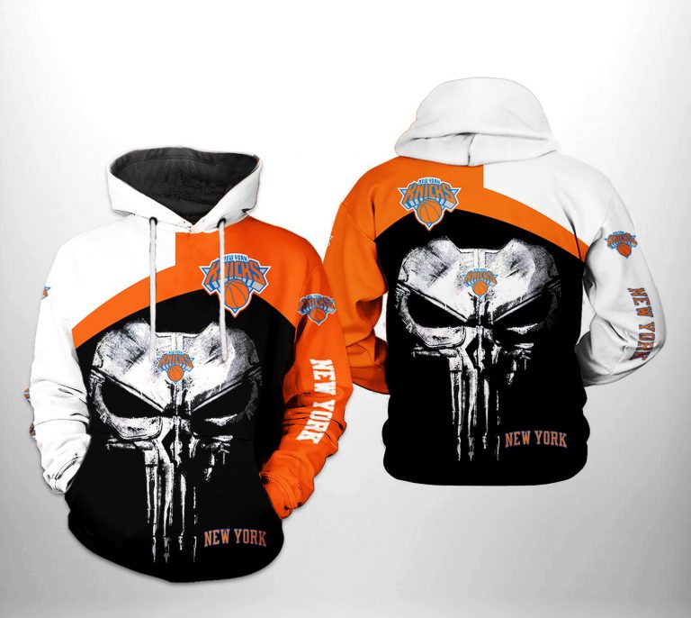 NBA New York Knicks Black Orange Punisher Skull Pullover Hoodie V3 NBA New York Knicks Black Orange Punisher Skull Pullover Hoodie V3