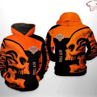 NBA New York Knicks Orange Black Skull Pullover Hoodie V2