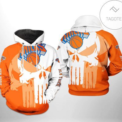 NBA New York Knicks Orange White Punisher Skull Pullover Hoodie