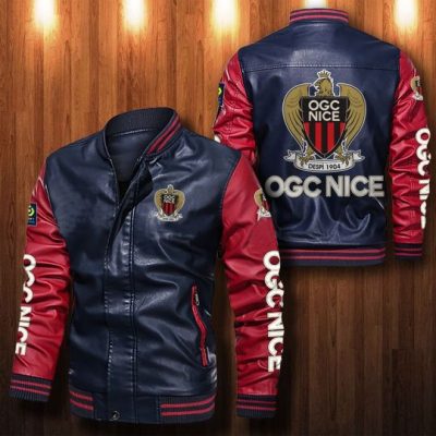 OGC Nice Dark Blue Red Leather Bomber Jacket