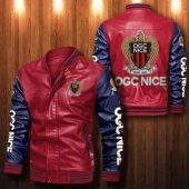 OGC Nice Red Dark Blue Leather Bomber Jacket