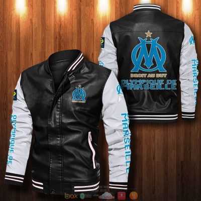 Olympique de Marseille Black White Leather Bomber Jacket