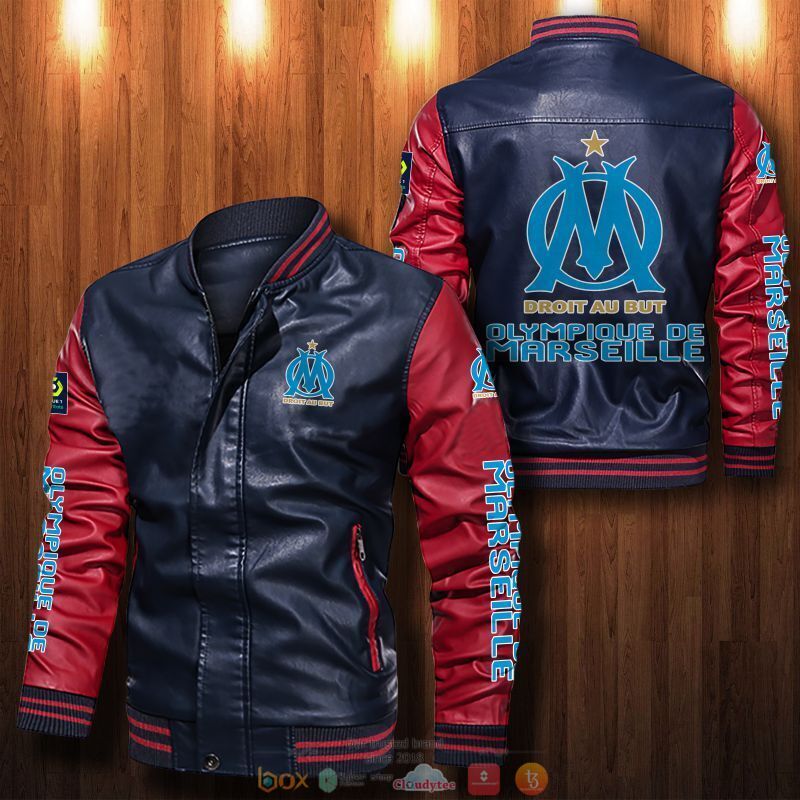 Olympique de Marseille Dark Blue Red Leather Bomber Jacket Olympique de Marseille Dark Blue Red Leather Bomber Jacket