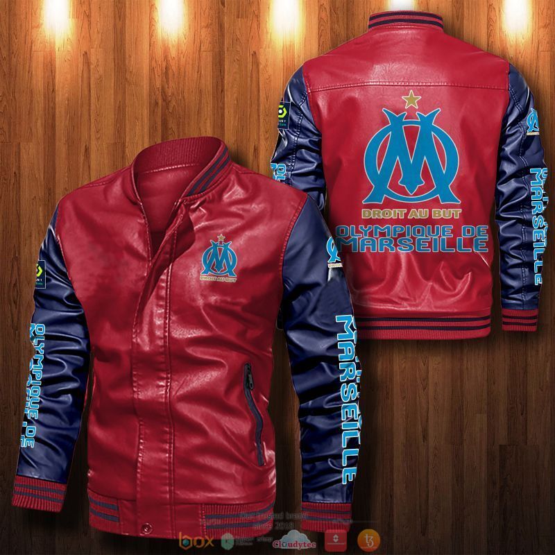 Olympique de Marseille Red Dark Blue Leather Bomber Jacket Olympique de Marseille Red Dark Blue Leather Bomber Jacket
