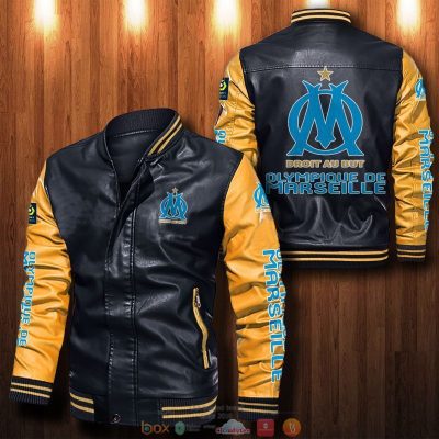 Olympique de Marseille Black Yellow Leather Bomber Jacket
