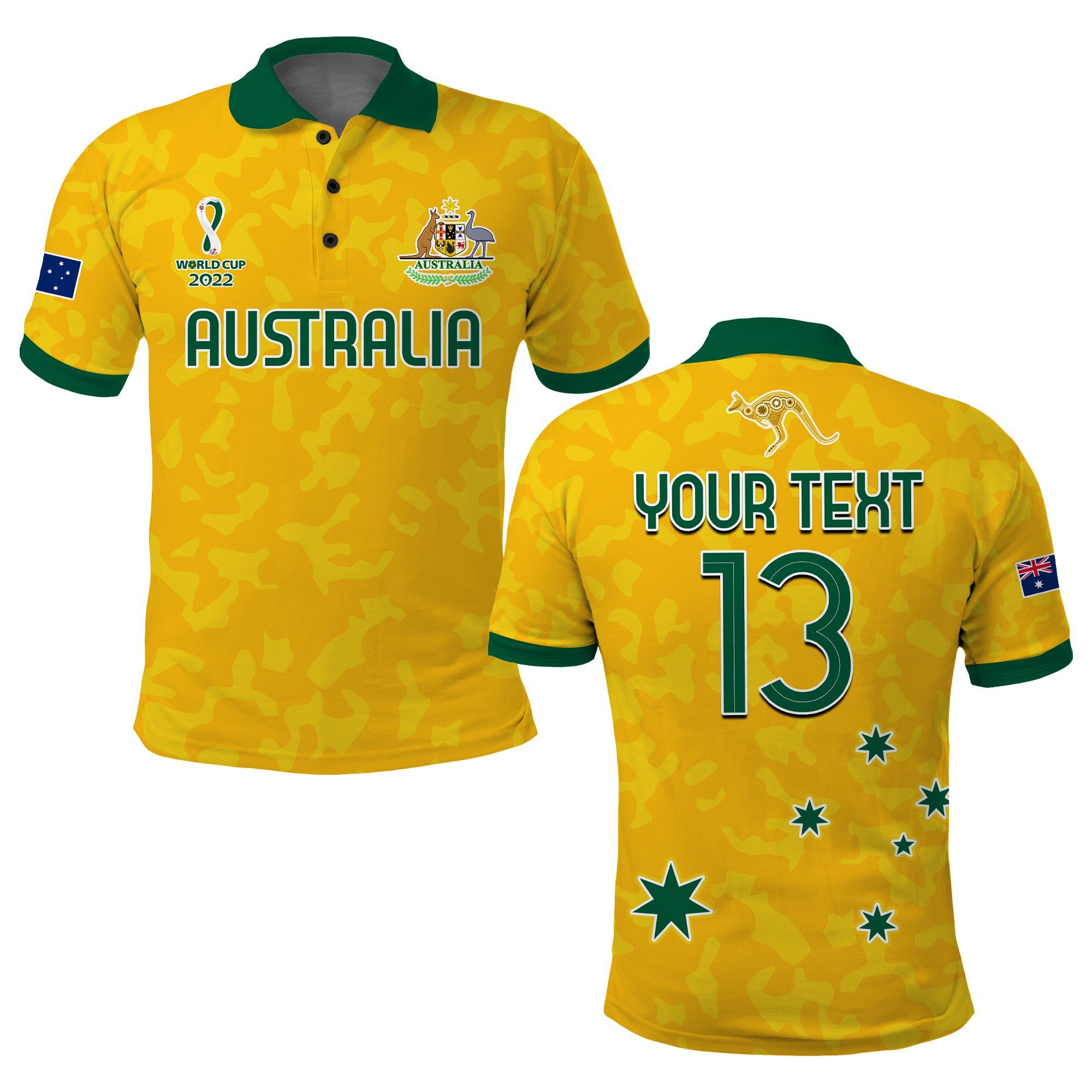 (Custom Text and Number) Australia Soccer Polo Shirt World Cup Football 2022 Socceroos with Kangaroos (Custom Text and Number) Australia Soccer Polo Shirt World Cup Football 2022 Socceroos with Kangaroos