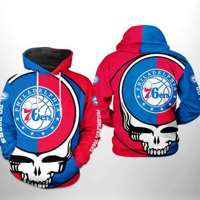 NBA Philadelphia 76ers Blue Red Skull Pullover Hoodie V4