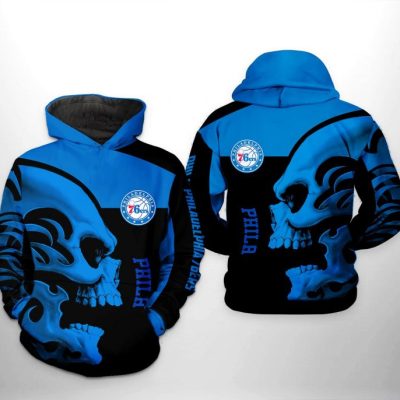 NBA Philadelphia 76ers Blue Black Skull Pullover Hoodie V5