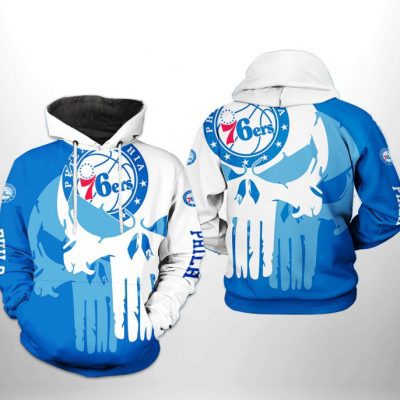 NBA Philadelphia 76ers Blue White Punisher Skull Pullover Hoodie