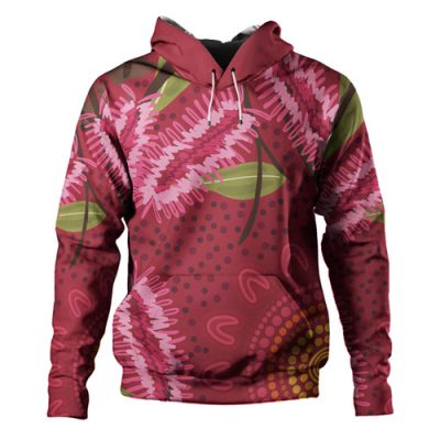 Australia Flowers Aboriginal Hoodie - Pink Bottle Brush Flora In Indigenous Painting Hoodie