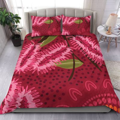 Australia Flowers Aboriginal Bedding Set - Pink Bottle Brush Flora In Indigenous Painting Bedding Set