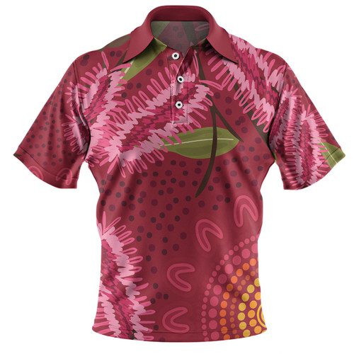 Australia Flowers Aboriginal Polo Shirt - Pink Bottle Brush Flora In Indigenous Painting Polo Shirt Australia Flowers Aboriginal Polo Shirt - Pink Bottle Brush Flora In Indigenous Painting Polo Shirt