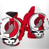 NBA Portland Trail Blazers White Red Skull Pullover Hoodie V3