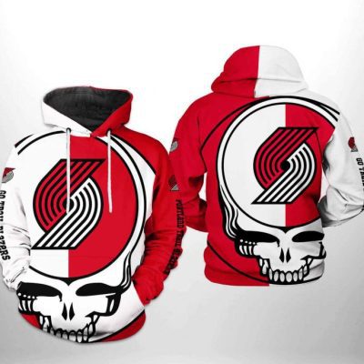 NBA Portland Trail Blazers White Red Skull Pullover Hoodie V3