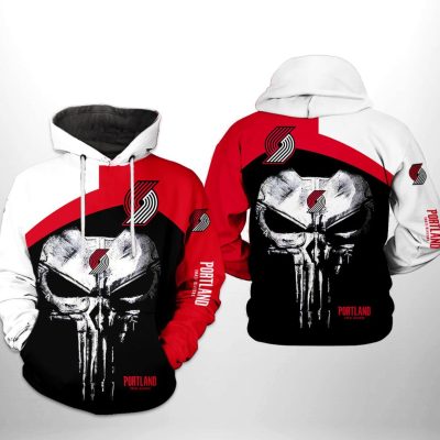 NBA Portland Trail Blazers Black Red Punisher Skull Pullover Hoodie