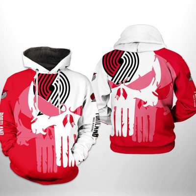 NBA Portland Trail Blazers Red White Skull Pullover Hoodie V4