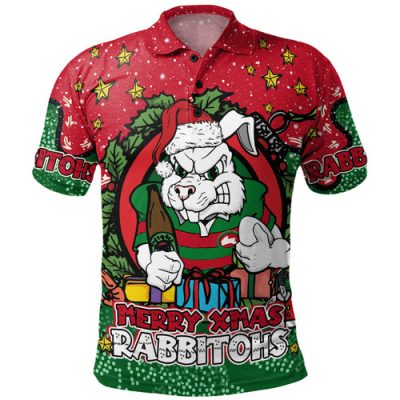 South Sydney Rabbitohs Custom Polo Shirt - Merry Christmas Our Beloved Team With Aboriginal Dot Art Pattern Polo Shirt