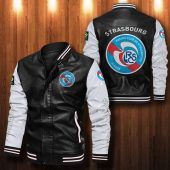 RC Strasbourg Alsace Black White Leather Bomber Jacket