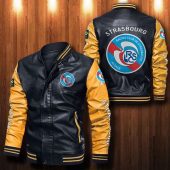 RC Strasbourg Alsace Black Yellow Leather Bomber Jacket