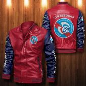 RC Strasbourg Alsace Red Dark Blue Leather Bomber Jacket