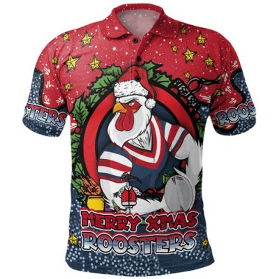 Sydney Roosters Christmas Custom Polo Shirt - Merry Christmas Our Beloved Team With Aboriginal Dot Art Pattern Polo Shirt