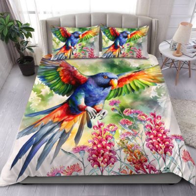 Australia Rainbow Lorikeets Bedding Set - Rainbow Lorikeets Flying With Grevillea Flowers Art Bedding Set