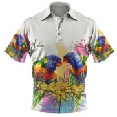 Australia Rainbow Lorikeets Polo Shirt - Rainbow Lorikeets Flying With Grevillea Flowers Art Polo Shirt