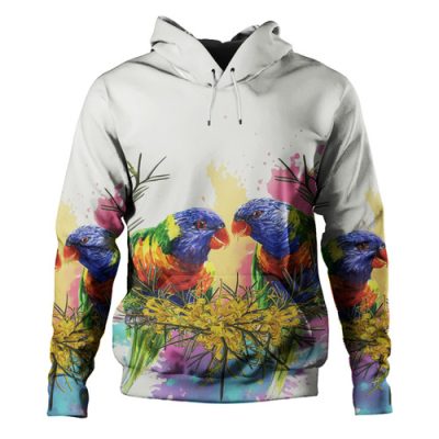 Australia Rainbow Lorikeets Hoodie - Rainbow Lorikeets Flying With Grevillea Flowers Art Hoodie