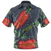 Australia Flowers Aboriginal Polo Shirt - Red Bottle Brush Tree Depicted In Aboriginal Style Polo Shirt
