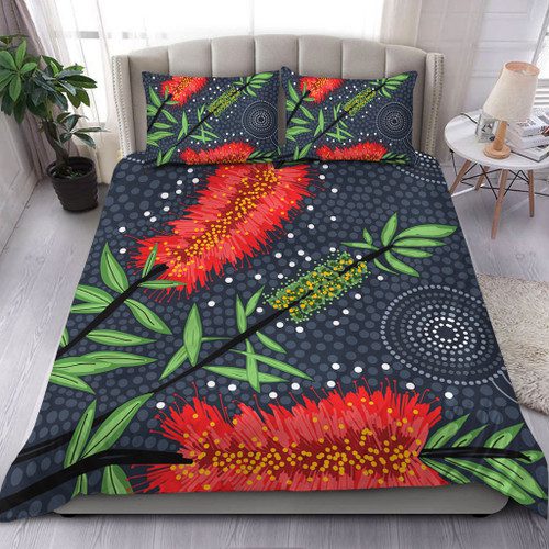 Australia Flowers Aboriginal Bedding Set - Red Bottle Brush Tree Depicted In Aboriginal Style Bedding Set Australia Flowers Aboriginal Bedding Set - Red Bottle Brush Tree Depicted In Aboriginal Style Bedding Set