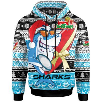 Cronulla-Sutherland Sharks Hoodie - Custom Cronulla-Sutherland Sharks Mascot Knitted Christmas Patterns Hoodie