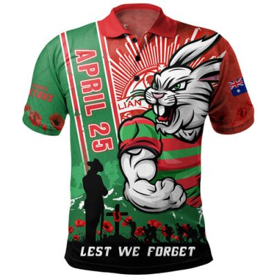 South Sydney Rabbitohs Polo Shirt Anzac Day Lest We Forget Strong Fighting Spirit