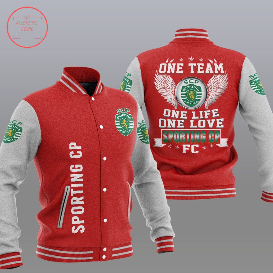Sporting CP Red White Baseball Jacket Sporting CP Red White Baseball Jacket