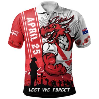 St. George Illawarra Dragons Polo Shirt Anzac Day Lest We Forget Strong Fighting Spirit
