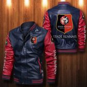Stade Rennais FC Dark Blue Red Leather Bomber Jacket