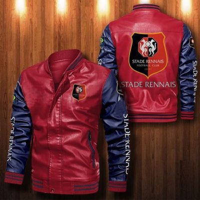 Stade Rennais FC Red Dark Blue Leather Bomber Jacket